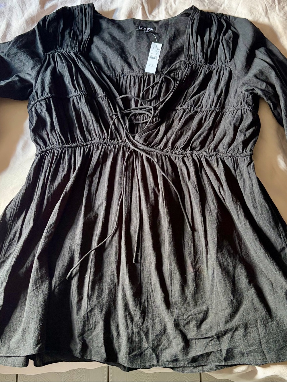 J. Crew Black Lace-Up Gathered V-Neck Dress XXL
